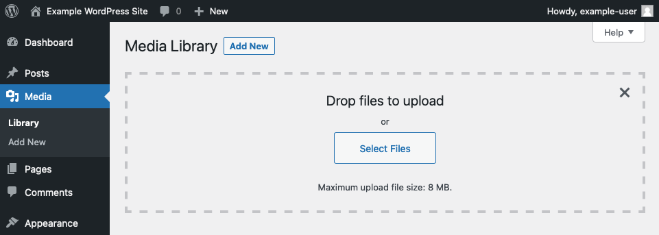 WordPresss Media Library, showing the maximum file size for uploads