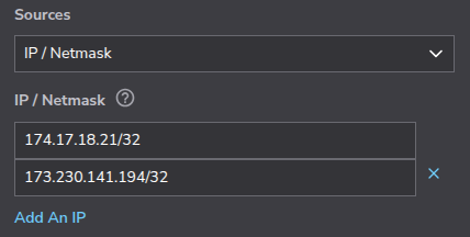 Cloud Manager UI for entering source IP addresses.